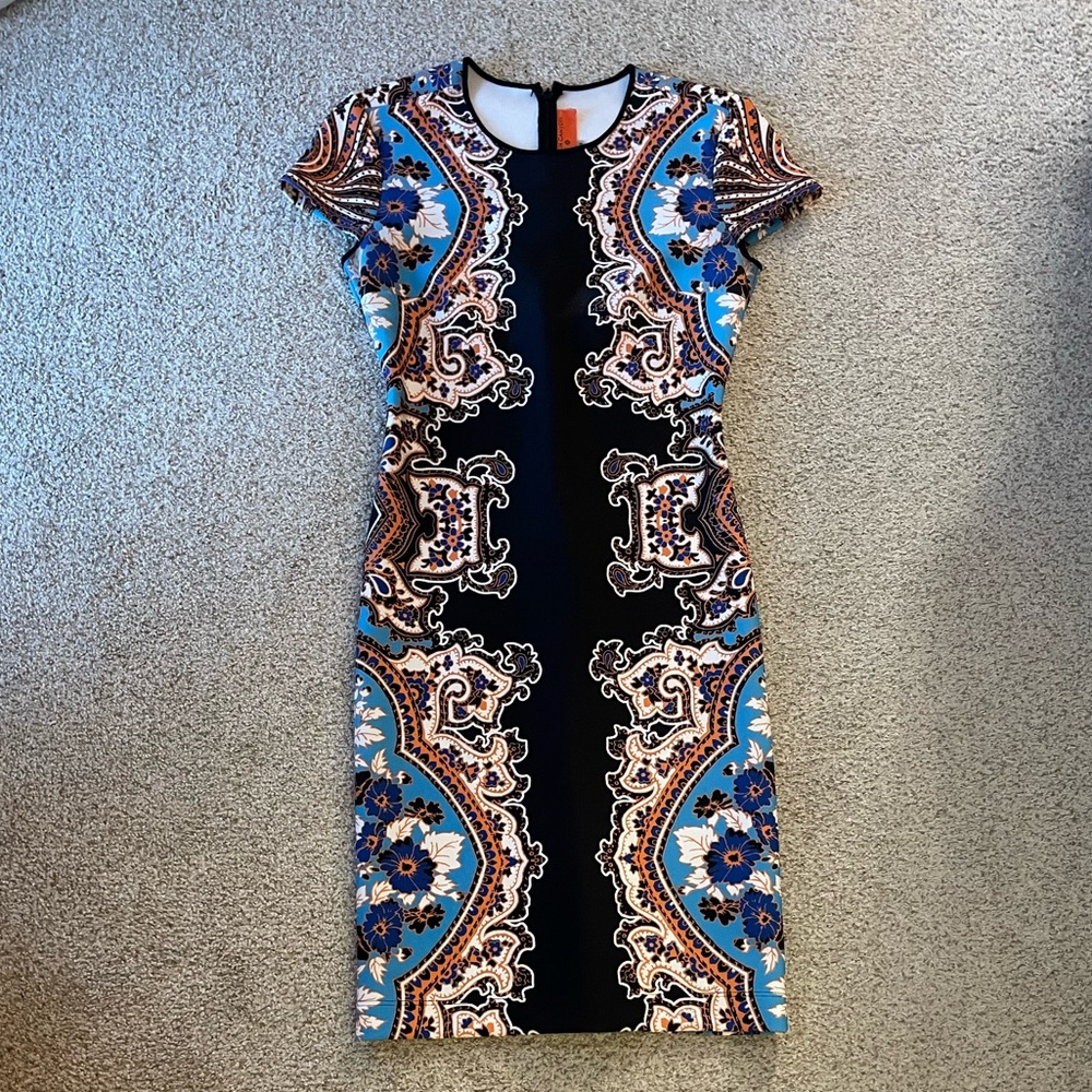 Clover Canyon bodycon fitted sheath dress hourglass print scuba black blue small